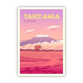 Squiddy Tanzania Mount Kilimanjaro Vintage Travel Poster Style - Vinyl Sticker Decal for Phone, Laptop, Water Bottle (3" high)