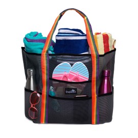 Dejaroo: Mesh Sand Free Bag - Strong Lightweight Tote For Beach & Vacation Essentials. Tons of Storage with 8 Pockets, Foldable, 17x9x15 inches, Black with Rainbow Handles