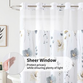 QiyI Flower Shower Curtain with Snap in Fabric Liner, Grey Watercolor Floral Cloth Bath Curtain, No Hook Shower Curtains with Mesh Top Window, Fabric Waterproof Bathroom Curtain Set, 72 x 87 Inch