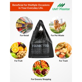 UMT Plastar 500 Count Plastic Thank You Bags, 12" x 6" x 22", 15 Mic Black Grocery Bags with Handles, Ideal for Restaurants, Retail, Grocery Stores, Takeout, and Convenience Stores