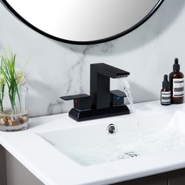 Matte Black Waterfall Bathroom Faucet, 4 inch Centerset Two Handles Bathroom Sink Faucet 2 or 3 Holes Stainless Steel Vanity Lavatory Mixer Tap with Pop-up Drain and Supply Lines