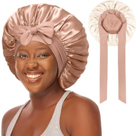 Double Layered Silk Satin Bonnet with Tie for Sleeping Black Women, Wide Band Large Hair Wrap Sleep Cap Bonnet for Curly Hair Braid, Coffee Champagne