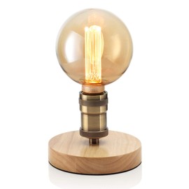 Auraglow Mysa Vintage Retro Wooden Round Base Mechanical Twist Switch Brass Table, Desk or Bedside Lamp/Light - Table Lamp Only