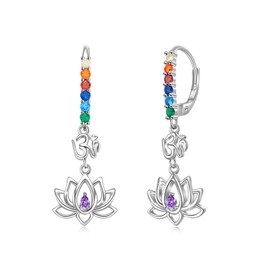 Lotus Flower Earrings 925 Sterling Silver 7 Chakra Earrings Lotus Dangle Drop Earrings CZ Dangle Earrings Yoga Lotus Jewellery Gift for Women Teenager Girls, Sterling Silver, Cubic Zirconia