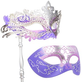 Hoshin Masquerade Mask for Couple, Mardi Gras Deecorations Venetian Masks with Stick for Womens(Purple & Silver)
