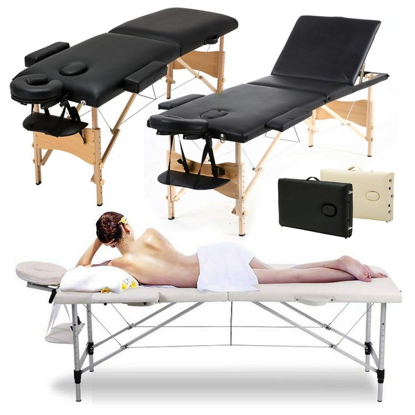 2 Section Lightweight Portable Massage Table Folding Facial SPA Bed Tattoo Salon Reiki Healing Beauty Therapy Couch Wooden Frame Adjustable Height W/Headrest Armrest Carry Bag(Black)