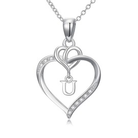 Diamond Letter U Necklace 925 Sterling Silver Lab Grown Diamond Infinity Heart Shaped U Initial Pendant Necklaces for Women Mom Wife, one size, Sterling Silver, Diamond