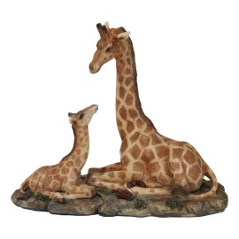 Safari Savannah Masai Giraffe Mother and Calf Sitting On Grasslands Figurine