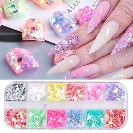 12 Colors Bling Mermaid Nail Glitter Sequins 3D Holographic Nail Glitter Flakes Hexagon Chameleon Chunky Glitter for Nail Art Sequins Mixed Iridescent Nail Flakes for Women DIY Shiny Nail Decoration