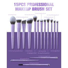 EIGSHOW Makeup Brushes Set, 15Pcs Professional Make Up Brush with Silver Ion Bristles for Foundation Powder Blush Highlighter Concealer Eyeshadow Eyeliner, Travel Gift Set (Matte Purple)