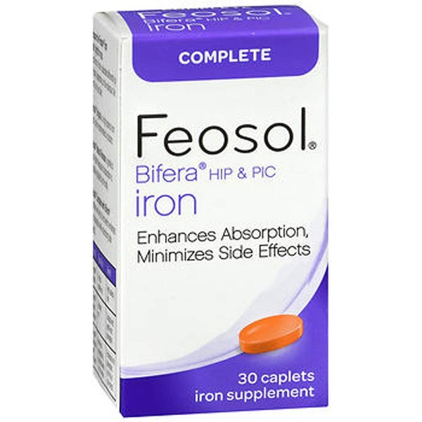Feosol Bifera HIP & PIC Iron Supplement, Complete - 30 Caplets, Pack of 3