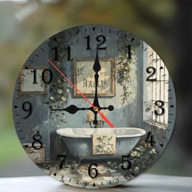 10-Inch Silent Wooden Wall Clock, Vintage Clock Featuring Clawfoot Tub ” Silent Non-Ticking Clock, Battery Operated (AA Batteries Not Included), Artistic Home Decor