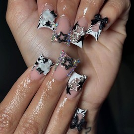 Short Press on Nails Square Fake Nails with 3d Charm Star Black Bow Designs Cute Acrylic Nails Press ons White Black French Tip Glue Stick on Nails for Women 24 Pcs