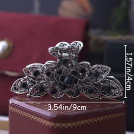 2 PCS Vintage Hair Claw Clips Flower Large Claw Hair Clips Shiny Rhinestone Hollow Flower Claw Clips Retro Metal Hair Clips Antique Silver Plated Hair Clamps Crystal Hair Accessories for Women Girls