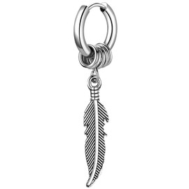 Flongo Men's Earrings 1 Piece Stainless Steel Earrings with Pendant Sword Tail/Feather/Drop/Ghost Head 316L Stainless Steel Men's Earrings Silver Hoop Punk, Stainless Steel