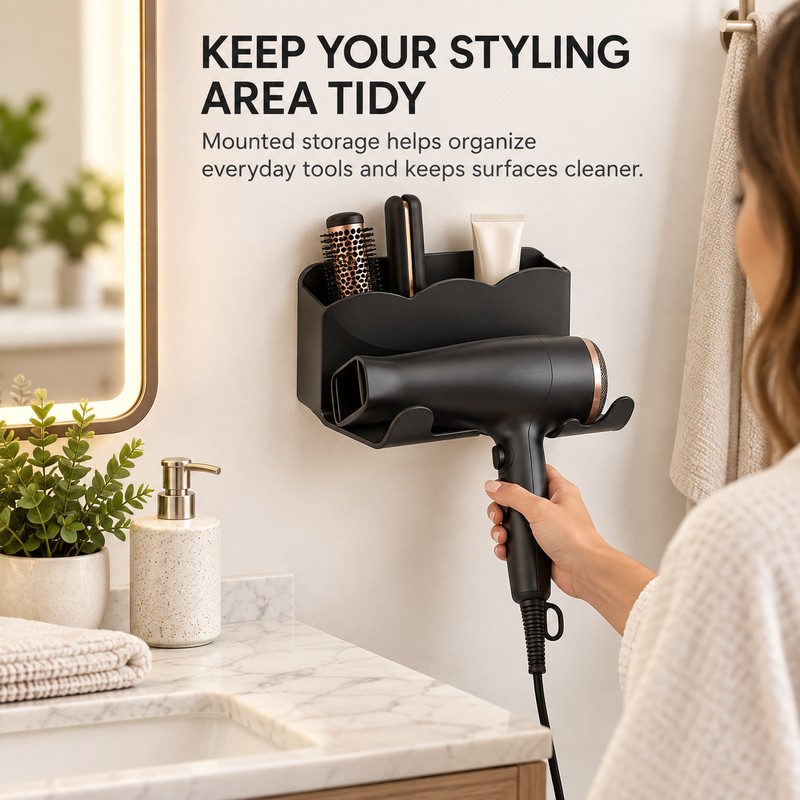 Wall-Mounted Hair Dryer Holder for Bathroom Storage – No-Drill Organizer