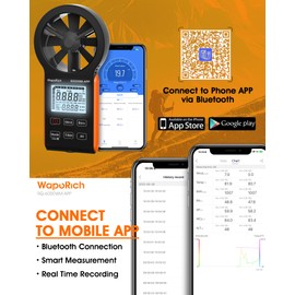 Wind Speed Anemometer Bluetooth, WapoRich Handheld Wind Gauge Measures Atmospheric Pressure/Humidity/Temp/Dew Point/Wind Chill/Altitude with MAX/MIN/AVG for HVAC Drone Sailing - RQ-6000WM-APP