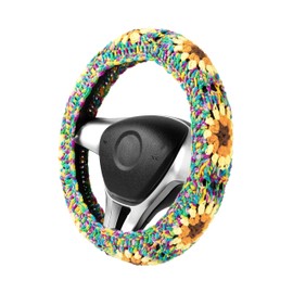 14-15 in Crochet Steering Wheel Cover Set, Handmade Sunflower Seat Belt Pad Covers, Boho Cute Car Hippie Accessories for Women Fit Sedans, SUVs, Vans CSWCS (Mixed Blue Single Wheel Cover)