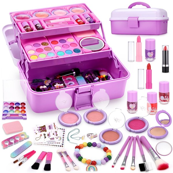 Anpro Kids Makeup Kit for Girl - 68PCS Safe & Washable Makeup for Girls,Play Real Makeup Girls Toys,Make Up for Little Girls,Non-Toxic Toddlers Pretend Cosmetic Kits for Children Age 3-12+ (Purple)