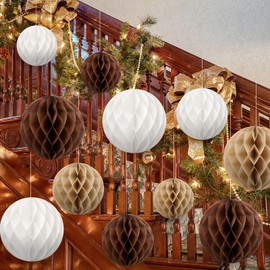 Sinload 12 Pcs Christmas Jumbo Honeycomb Paper Ornaments Neutral Stairs Decor Large Paper Hanging Balls Assorted Size Holiday Decor for Indoor Xmas Tree Party Classroom Home(Multicolor,10", 8", 6")