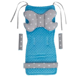 Medi Partners Universal Seat Cover for Pushchairs and Buggies, Seat Insert, Pushchair Seat Cover, Pushchair Set, Belt Pad plus Play Arch, MINKY Cotton, 5 Pieces, Stars with Turquoise Minky