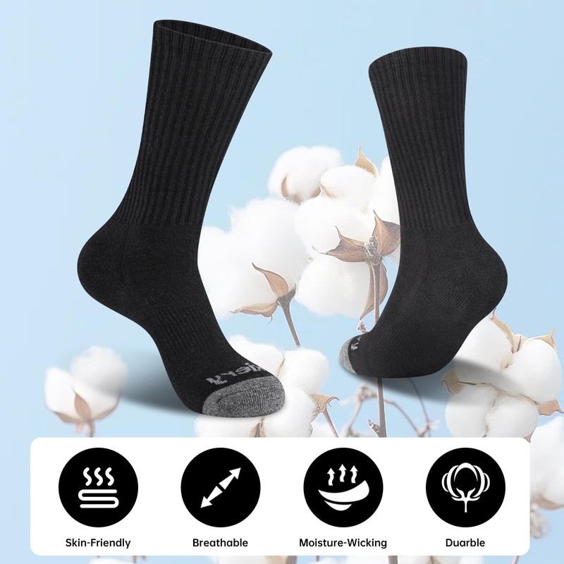 Mens 100% Cotton Moisture Wicking Cushioned Crew Socks, Athletic Performance