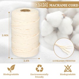 Macrame Cord 3mm x 164 Yards, 3 Rolls Beige Colored Macrame Cotton Cord Rope Kit Macrame Yarns Bulk String 4 Strands Twisted for Wall Hanger Plant Hanging DIY Crafts Knitting Macrame Supplies