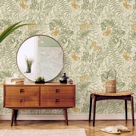 VEELIKE Green Fern Wallpaper Boho Butterflies Botanical Peel and Stick Wallpaper for Bedroom Bathroom 17.7''x118'' Removable Vintage Leaf Wallpaper Self Adhesive Forest Contact Paper for Cabinets Wall