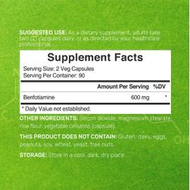 Benfotiamine 600mg Per Serving, 180 Veggie Capsules (300mg Per Cap) – Fat Soluble Vitamin B1 Thiamine Supplement – 3rd Party Tested, Vegan, Non-GMO, Gluten Free