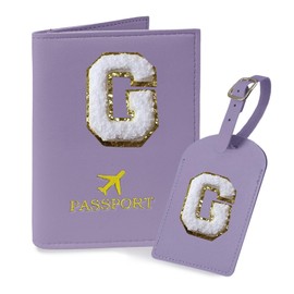 COSHAYSOO Purple Initial Passport Cover Holder and Luggage Tag Set TSA Approved with Chenille Letter Patch for Women Teenage Girls, Fashion Travel Bag Backpacks Suitcase Identifier Markers (G)