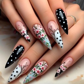 MERVF Long Stiletto Press on Nails Black White Fake Nails Flower Glue on Nails Press ons with Wave Point Design Almond Spring Acrylic False Nails for Women Glossy 24pcs