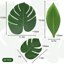 Lorigun Artificial Palm Leaves, 50 Pcs Fake Tropical Leaves for Party Decor Safari Jungle Leaves Hawaiian Luau Theme Party Table Decorations Faux Green Leaves for Birthday Wedding