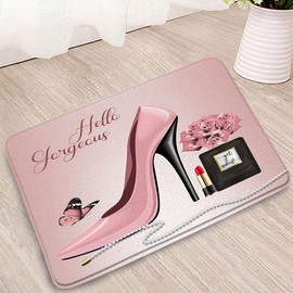 Pink High Heels Bath Mat Hello Gorgeous Lipstick Black Perfume Flower Fashion Makeup Woman Girls Romantic Bathroom Microfiber Memory Foam Bathroom Rug Doormat Kitchen Toilet Floor Rug