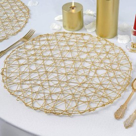 TABLECLOTHSFACTORY 6 Pack 15" Gold Metallic String Round Placemats For Wedding Events Birthday Party