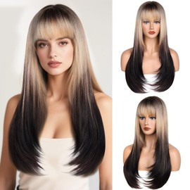 YUCCAHA Ombre Brown Blonde Synthetic layered Wig with Bangs for Women Wear and Go glueless Wig 26 Inch Middle Part Long Straight Colorful Costume Wigs Heat-Resistant Fiber for Daily Party Use