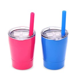 Colorful PoPo Small Cute Kids Cups 2 Pack, Stainless Steel Kid Tumbler with Lid and Straw, Double Wall Vacuum Insulated Toddler Sippy Cups, Children Smoothie Drinking Cup - Pink and Blue