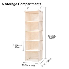 BOMEI PACK Beige Hanging Wardrobe Closet Organizer Shelves with 5 foldable Storage compartments,easy hang up with Curved Metal Hooks for storage sorting organise 1 pack