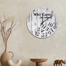 godblessign Retired Wood Grain Wall Clock Who Cares I'm Retired 15 Inch Large Wall Clocks Battery Operated Quiet Farmhouse Modern Wall Decor for Kitchen Living Room Bedroom Office