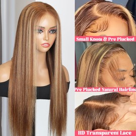 Ombre Lace Front Wig Human Hair 18inch Highlight 13x4 HD Straight Lace Front Wigs 150% Density 6/613 Colored Chocolate Brown HD Lace Frontal Wigs for Women Brown Glueless Pre Plucked with Baby Hair