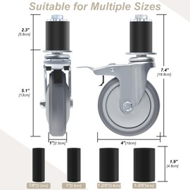 ERKOON 4 Inch Prep Table Caster Wheels Set, 4 Heavy Duty Expanding Stem Casters Fit 7/8", 1", 1-1/2", 1-5/8" Tube Leg with Brake for Stainless Steel Table, Cart, Furniture Legs, Kitchen Workbench