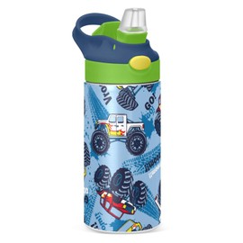 Mnsruu Monster Truck Cars Kids Water Bottle with Straw Insulated Stainless Steel Drink Bottle for Boys Girls School 350ml Leakproof Vacuum Hot Cold Water Flask