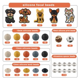 Kovict 100Pcs 12mm 15mm Dog Focal Silicone Beads for Keychain Bracelet Making, 8mm Rondelle Rhinestone Spacer Beads for Pens