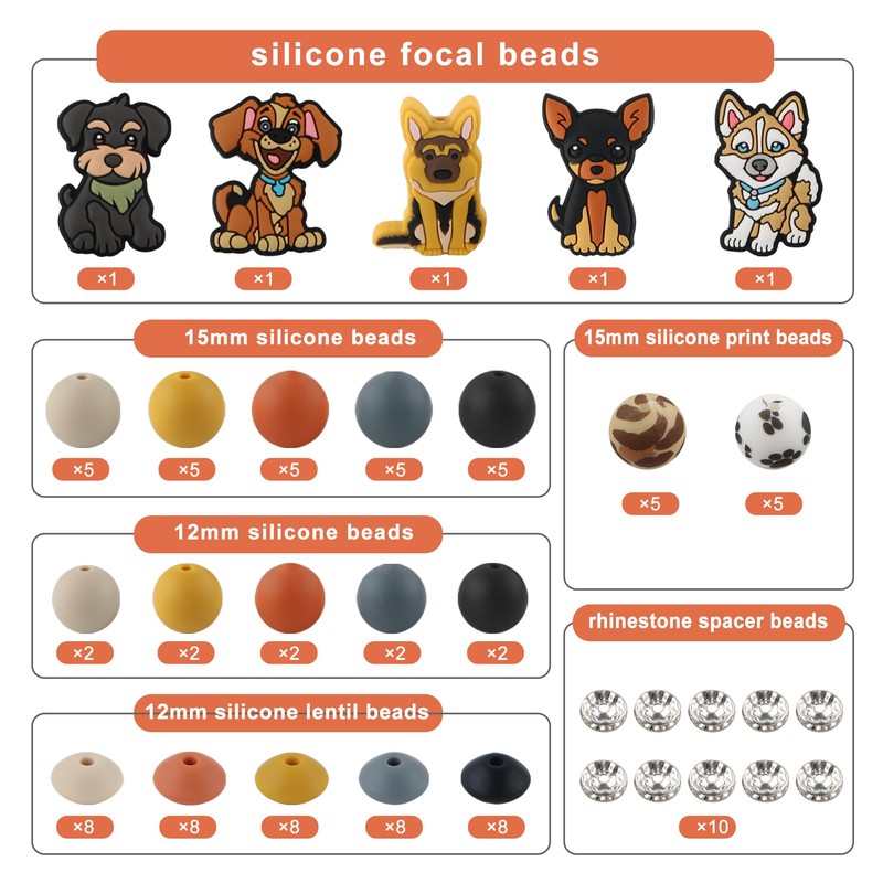 Kovict 100Pcs 12mm 15mm Dog Focal Silicone Beads for Keychain