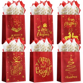 Christmas Gift Bags 48 Pcs, Red Glitter Christmas Bags for Gifts with Tissue Paper, 6 Styles Red and Gold Foil Paper Goodie Bags with Handles, Bulk Xmas Holiday Reusable Party Favor Treat Gift Bags