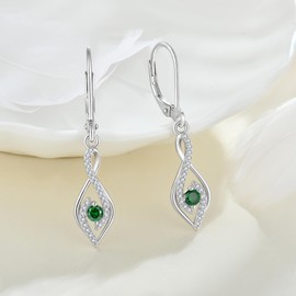 FATACI Women Earrings, 925 Sterling Silver 5A Cubic Zirconia Infinity Dangle Drop Earrings with May Emerald Birthstone for Her Mom Mother Wife Jewelry Gifts