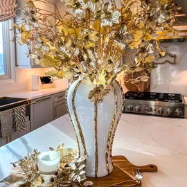 Ginger Jar, White Gold Ceramic Vase Large Handmade Porcelain Vases with Lid, White Gold Decorative Flower Vase for Home, Living Room, Weddings, Centerpieces (18in with Lid)