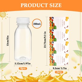 200 ml Reusable Empty Bottles, 8Pcs Plastic Bottles with Lids, Plastic Juice Bottles, Clear Milk Bottles, Transparent Plastic Bottles with 2 Stickers, Recyclable Storage Bottles for Homemade Beverages
