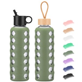 MUKOKO Glass Water Bottles, 24oz Glass Tumbler, Drinking Bottles with 2 Lids-Handle Flip Straw Lid&Bamboo Lid, Motivational Water Bottle with Time Marker and Silicone Sleeve, Leakproof-1 Pack-Olive