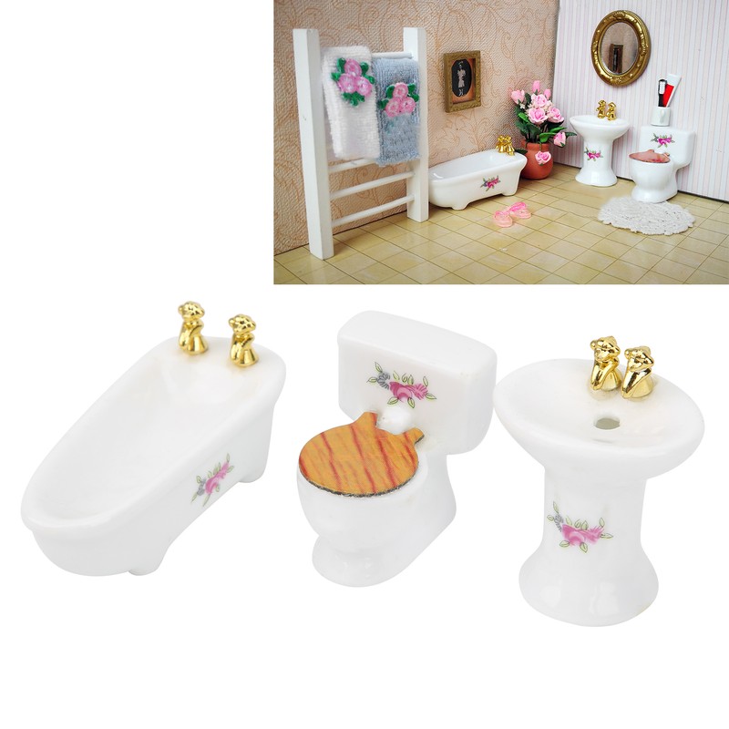 1/24 Dollhouse Miniature Bathroom Set Simulation Ceramic Bathtub Toilet Sink