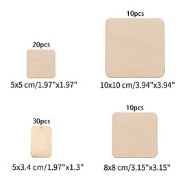 Thinkingwings Pack of 70 Unfinished Wooden Squares, 4 Sizes, Including 30 Pieces with Hole, Square Wooden Panels for Pyrography, Painting, Hanging Decorations, Festivals and Party Decoration